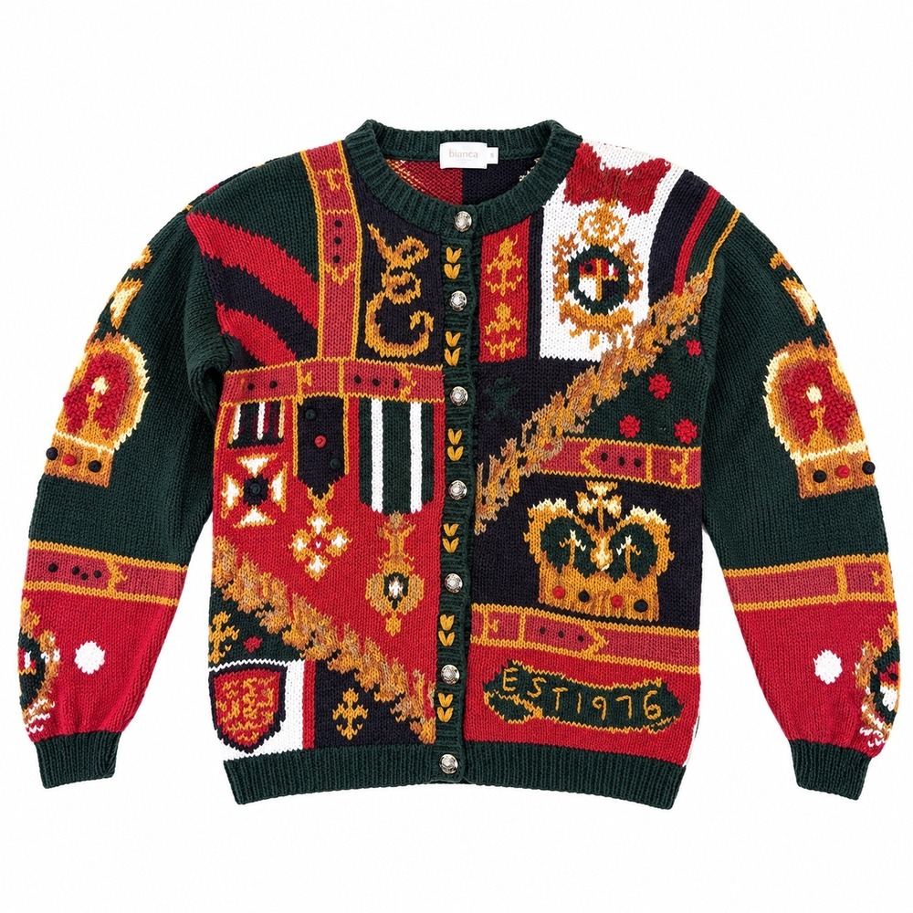 Vintage 90s Bianca Royal Crest Intarsia Cardigan Sweater Crown Heraldic Small